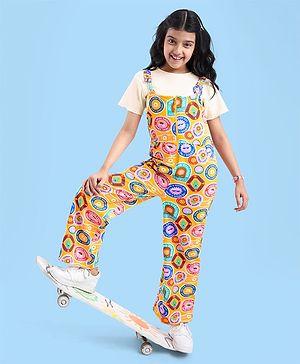 Pine Kids Cotton Kit Text Printed Dungarees & Half Sleeves T-Shirt - Golden
