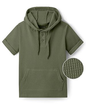 Pine Kids Cotton Knit Half Sleeves  Textured Hooded T-Shirt - Olive Green