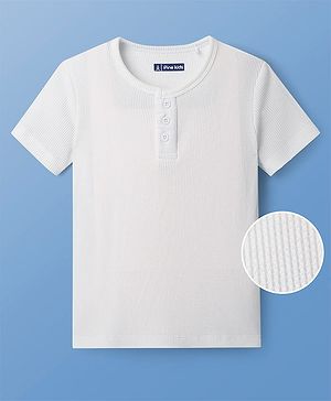 Pine Kids Cotton Knit Half Sleeves  Textured with Henley Neck T-Shirt - White