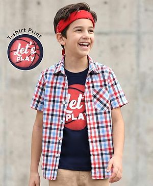 Pine Kids Cotton Woven Half Sleeves Checkered Shirt with Text Printed T-Shirt - Red