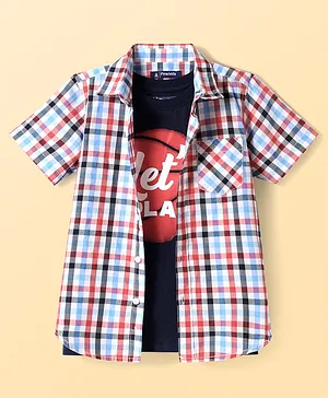 Pine Kids Cotton Woven Half Sleeves Checkered Shirt with Text Printed T-Shirt - Red