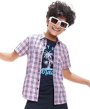 Pine Kids Cotton Woven Half Sleeves Check Shirt with Text Print Inner Tank T-Shirt - Pink & Black