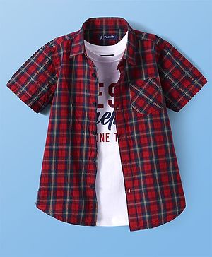 Pine Kids Cotton Woven Half Sleeves Checked Shirt with T-Shirt - Red