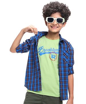 Pine Kids Cotton Woven Full Sleeves Checks Shirt With Text Printed T-Shirt - Navy Blue & Red