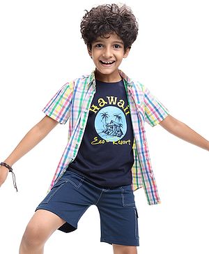 Pine Kids Cotton Woven Half Sleeves Checkered Shirt with Text Printed T-Shirt - White