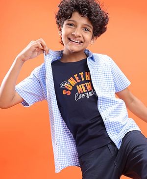 Pine Kids Cotton Woven Half Sleeves Checkered Shirt with Text Printed T-Shirt - Blue
