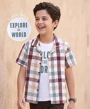 Pine Kids Cotton Woven Half Sleeves Checkered Shirt with Text Printed T-Shirt - White & Green