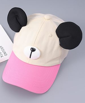 Babyhug Free Size Baseball Cap With Teddy Bear & Ear Applique - Pink