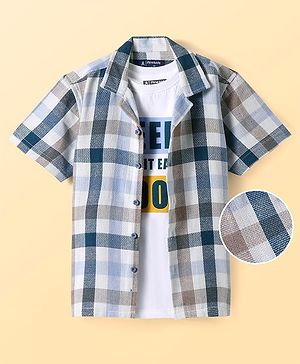 Pine Kids Cotton Knit Half Sleeves Check Shirt with T-Shirt Text Print - Grey & White