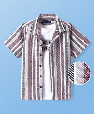 Pine Kids Cotton Woven Half Sleeves Striped Shirt with Text Printed T-Shirt - White & Pink