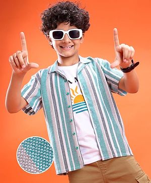 Pine Kids Cotton Woven Half Sleeves Striped Shirt with T-Shirt - Mint Green & White