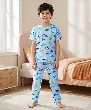 Pine Kids Single Jersey Knit Half Sleeves Night Suit With Sports Theme Print - Light Blue