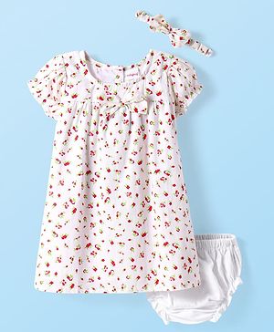 Babyhug Cotton Woven Half Puffed Sleeves Floral Printed Frock with Bloomer Headband & Bow Applique - White
