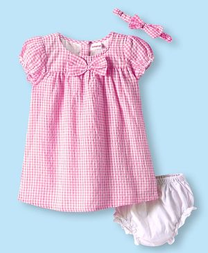 Babyhug Woven Puffed Sleeves Check Frock with Bloomer and Hair Band - Pink