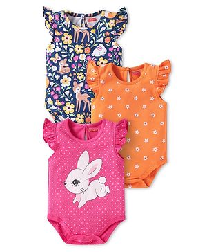 Babyhug 100% Cotton Knit Frill Sleeves Floral & Animal Printed Onesies Pack of 3 - Dark Pink Navy & Orange