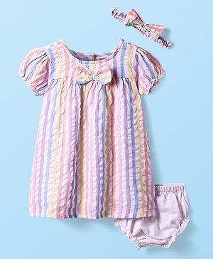 Babyhug Woven Half Puffed Sleeves Striped Frock with Bloomer Headband & Bow Applique - White