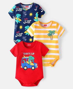 Babyhug 100% Cotton Knit Half Sleeves Dino Printed Onesies  Pack of 3 - Red Yellow & Navy