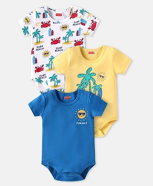 Babyhug 100% Cotton Knit Half Sleeves Crab Printed Onesies Pack of 3 - Blue Yellow & White
