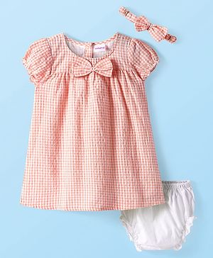 Babyhug Woven Half Puffed Sleeves Checkered Frock with Bloomer Headband & Bow Applique - Peach