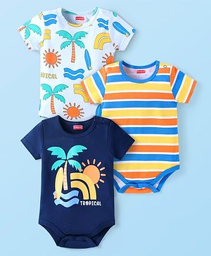 Babyhug 100% Cotton Knit Half Sleeves Striped & Beach Theme Printed Onesies Pack of 3 - Navy & White