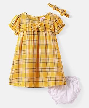 Babyhug Viscose Woven Half Puffed Sleeves Checkered Frock with Bloomer Headband & Bow Applique - Yellow