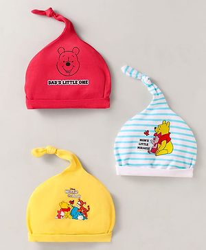 Babyhug Disney Interlock Knit Knot Caps with Stripes & Winnie the Pooh Graphics Pack of 3 Red Blue & Yellow - Diameter 17 cm