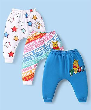 Babyhug Disney Interlock Knit Full Length Diaper Leggings With Winnie The Pooh Graphics Pack Of 3 - Light Blue & Blue