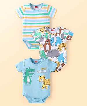 Babyhug Interlock Knit Half Sleeves Onesies With Animal & Dino Print Pack of 3 - Blue & White
