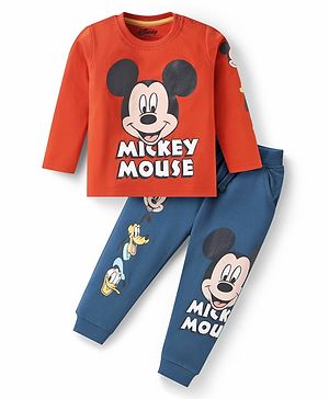 Babyhug Disney  Single Jersey Knit Full Sleeves T-Shirt & Lounge Pants Set With Mickey Mouse & Friends Graphics -  Rust Orange & Blue