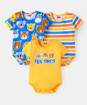 Babyhug 100% Cotton Knit Half Sleeves Onesies with Animal Print & Stripes Pack of 3 - Blue & Yellow
