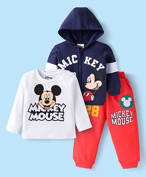 Babyhug Disney  Terry Knit Full Sleeves T-Shirt & Lounge Pant Set with Hooded Jacket & Mickey Mouse Graphics - Navy Blue Red & White