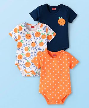 Babyhug 100% Cotton Knit Half Sleeves Tangerine Printed Onesies  Pack of 3 - Orange White & Black