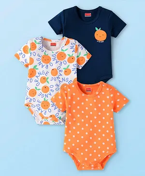 Babyhug 100% Cotton Knit Half Sleeves
                              Tangerine Printed Onesies Pack of 3 -
                              Orange White & Black