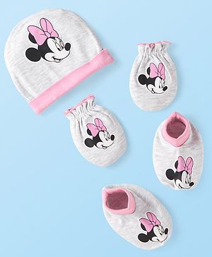Babyhug Disney Interlock Knit Cap Mittens & Booties Set with Minnie Mouse Graphics - Pink