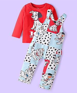Babyhug Disney Terry Knit Dungaree & Full Sleeves T-Shirt With 101 Dalmatians Graphics - White & Red