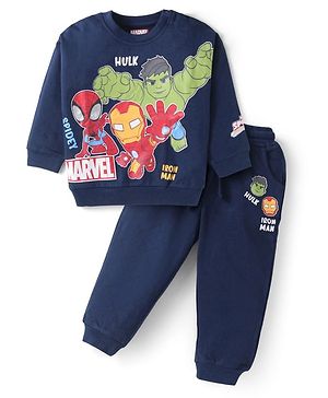 Babyhug Marvel Terry Knit Full Sleeves T-Shirt & Lounge Pant Set With Avengers Graphics - Navy Blue