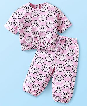 Babyhug Terry Knit Half Sleeves T-Shirt & Lounge Pants Set with Smiley Prints - Pink