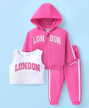 Babyhug Terry Knit Full Sleeves Text Print Hooded  Sweat Jacket & Taped Lounge Pant with Inner T-Shirt - Pink & White