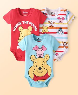 Babyhug Disney Interlock Knit Half Sleeves Onesies With Winnie The Pooh & Friends Graphics Pack of 3 - Light Blue Red & White