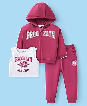 Babyhug Terry Knit Full Sleeves Text Print Hooded  Sweat Jacket & Taped Lounge Pant with Inner T-Shirt -Maroon & White