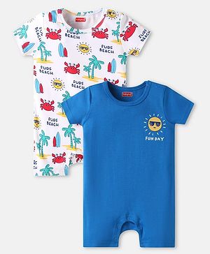 Babyhug 100% Cotton Knit Half Sleeves Rompers with Crab Print Pack of 2 - Blue & White