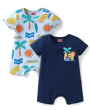 Babyhug 100% Cotton Knit Half Sleeves Rompers with Tropical Beach Theme Print Pack of 2 - Light & Navy Blue