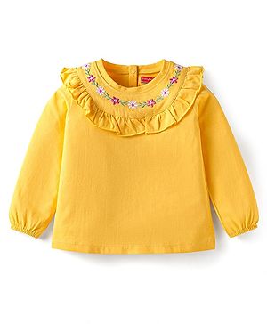 Babyhug Cotton Knit Full Sleeves Top with Floral Embroidery & Frill Detailing - Yellow