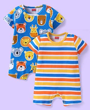 Babyhug 100% Cotton Knit Half Sleeves Rompers with Animal Print & Stripes Pack of 2 - Yellow & Blue