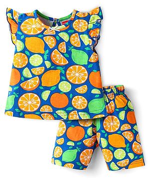Babyhug Cotton Knit Single Jersey Frill Sleeves Capri Night Suit With Citric Fruits Print - Navy Blue & Green