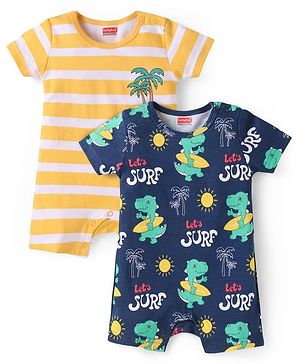 Babyhug Interlock Knit Half Sleeves Rompers With Dino Print Pack of 2 - Navy Blue & Yellow