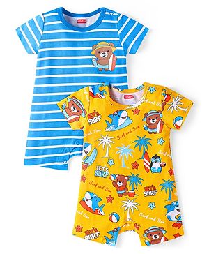 Babyhug Interlock Knit Half Sleeves Rompers With Animal & Beach Theme Print Pack of 2 - Yellow & Blue