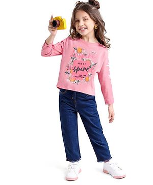 Babyhug Terry Knit Full Sleeves Top & Solid Denim Jeans Set With Floral & Text Print - Pink & Blue