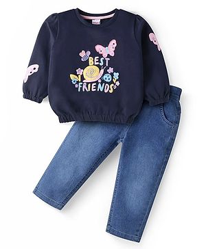 Babyhug Terry Knit Full Sleeves Top & Solid Denim Jeans Set With Butterfly & Floral Print - Navy Blue