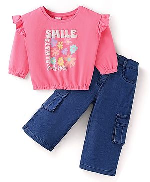 Babyhug Terry Knit Full Sleeves Top & Solid Denim Jeans Set With Floral Print & Frill Detailing - Pink & Blue